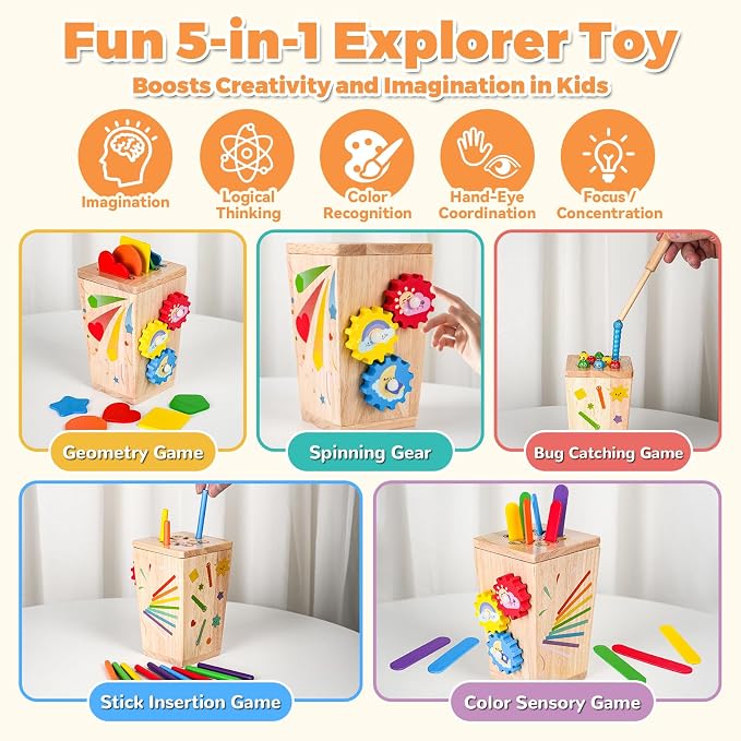Wooden Montessori Baby Toys, 5 in 1 Fine Motor Skills Learning Toy, Educational Shape & Color Sorting Sensory Fidget Toy for Toddlers Ages 1–3, Birthday Gift for 2–4 Year Old Girls & Boys