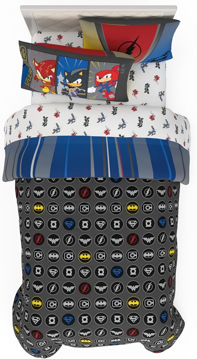 DC x Sonic The Hedgehog Kids Bedding Set, Twin Size, 4-Piece Super Soft Cozy Reversible Comforter & Sheet Set (Officially Licensed Product) by Franco