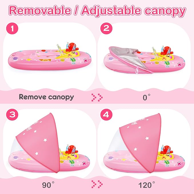 EZIGO Baby Pool Float with Canopy UPF50+ Sun Protection, Inflatable Kids Pool Floats with Ocean Animal Toys for Baby 6-36 Months, Infant Swimming Float with Adjustable Safety Seat for Boys Girls