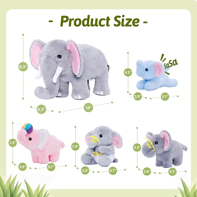 OUOZZZ Elephant Stuffed Animal with 4 Sensory Babies Plush Toy Set 14" x 6.3"