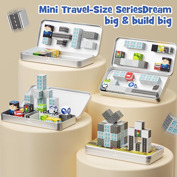 City Traffic Magnetic Blocks Set, 35PCS STEM Toys for Kids Ages 3-8, Travel Building Toys with Carrying Case, Child-Safe with Fully Encased Magnets, Car/Airplane Toddler Toy Birthday