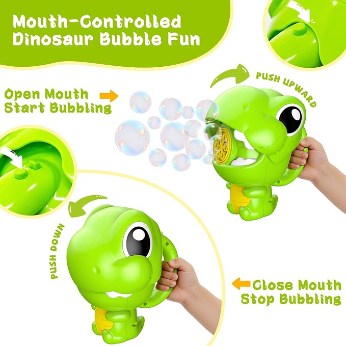 MAKE KIDS SMILE BUBBLE FUN Rechargeable Dinosaur Bubble Guns for Kids 1-3 | Automatic bubble machine with fast output, includes 8oz solution. Ideal summer children toys for boys, girls and pets.