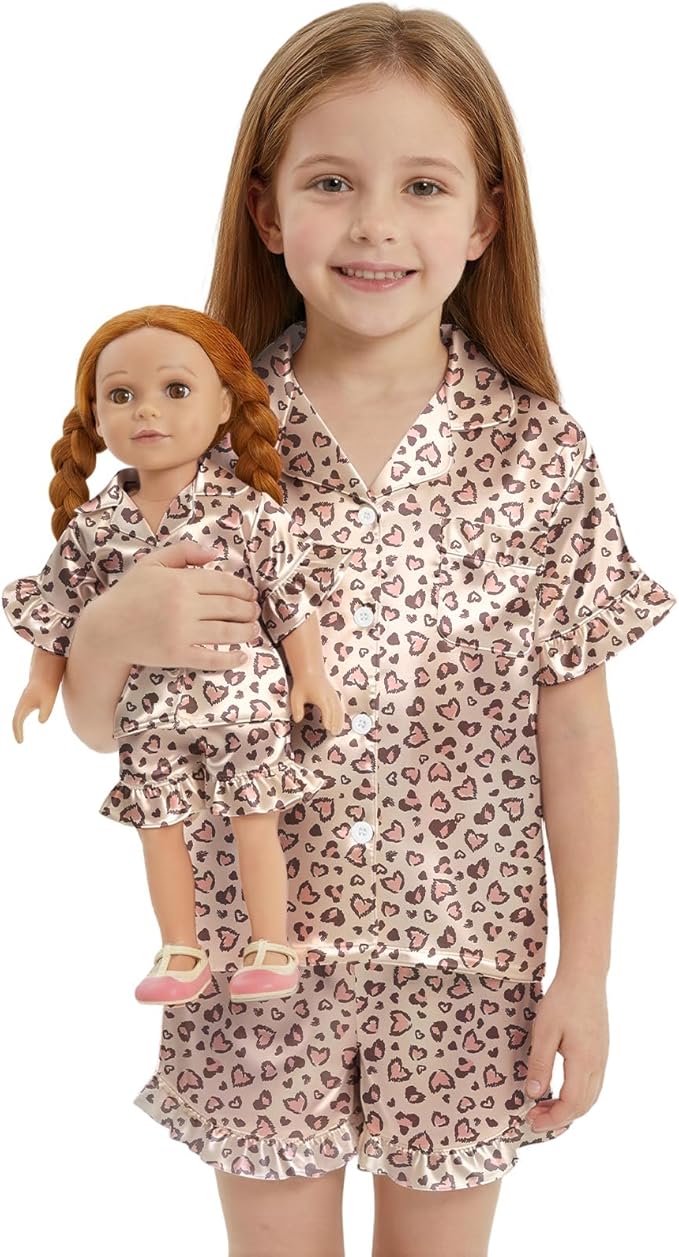 ICOSY Matching Doll & Girls Silk Pajamas Satin Pjs for Girls Button-Down Top and Shorts for 18" Doll Girl Clothes