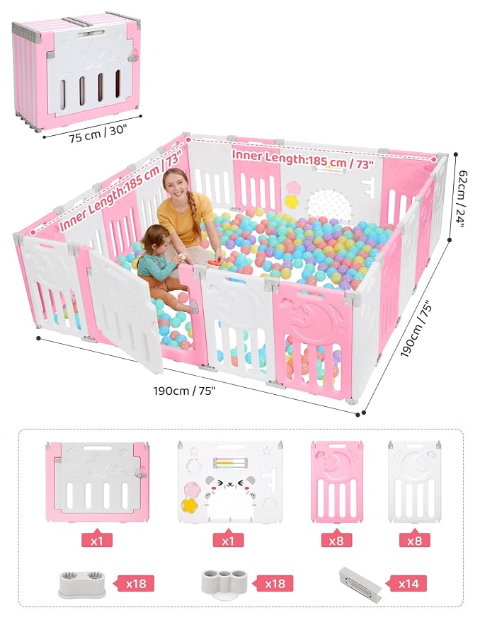 Dripex Baby Playpen, 18-Panel Foldable Playard for Toddlers 6-36 Months, Adjustable & Portable Indoor Outdoor Safety Play Area with Anti-Pinch Design, Game Panel and Safety Gate, Pink White