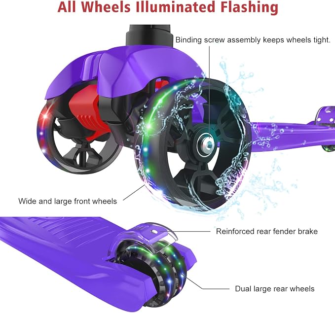 Allek Kick Scooter B02, Lean 'N Glide Scooter with Extra Wide PU Light-Up Wheels and 4 Adjustable Heights for Children from 3-12yrs (Purple)