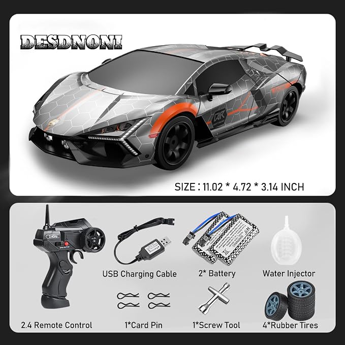 Remote Control Car RC Drift Car 1:16 Scale 4WD 18KM/H High Speed Model Vehicle 2.4GHz with LED Lights Spray Rubber Tire Racing Sport Toy for Adults Boys Girls Kids Gift 2Pcs Rechargeable Batteries