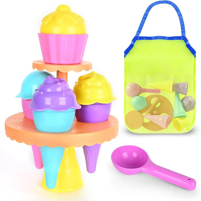 SupMLC Beach Toys Ice Cream Sand Toys - Toddlers Beach Essentials for Kids Girls Boys, Sand Molds, Shovels with Collapsible Mesh Bag, Travel Sand Box Toys for Beach, Party, Bath Toys Pretend Play