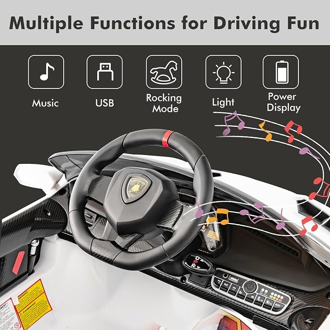 INFANS 2 Seater Kids Ride on Car, 12V 4WD Licensed Lamborghini Veneno Powered Electric Vehicle with Hydraulic Doors, Rocking Mode, Adjustable Speeds, Remote Control, MP3, Headlight (White)