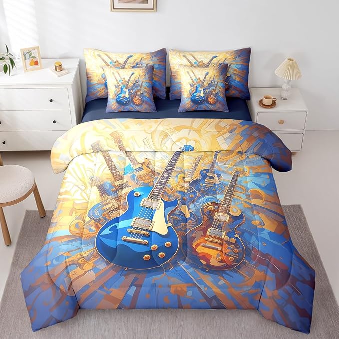 Feelyou Guitar Comforter Set with Sheets Full Size Rock Music Bed in a Bag for Boys Girls Teens Yellow Blue 7 Pieces Bedding Set Soft Lightweight Microfiber