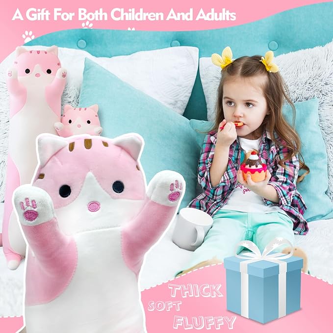 Long Cat Plush Pillow, 19.6in Cute Pink Cat Plushie Stuffed Animals Body Pillow, Kawaii Kitten Soft Plushie Doll Toy Birthday Gift for Children Girlfriend