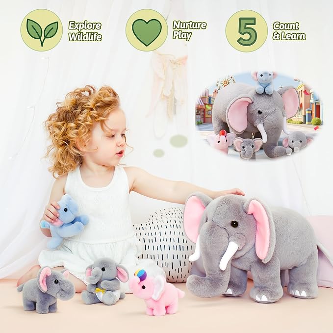 OUOZZZ Elephant Stuffed Animal with 4 Sensory Babies Plush Toy Set 14" x 6.3"
