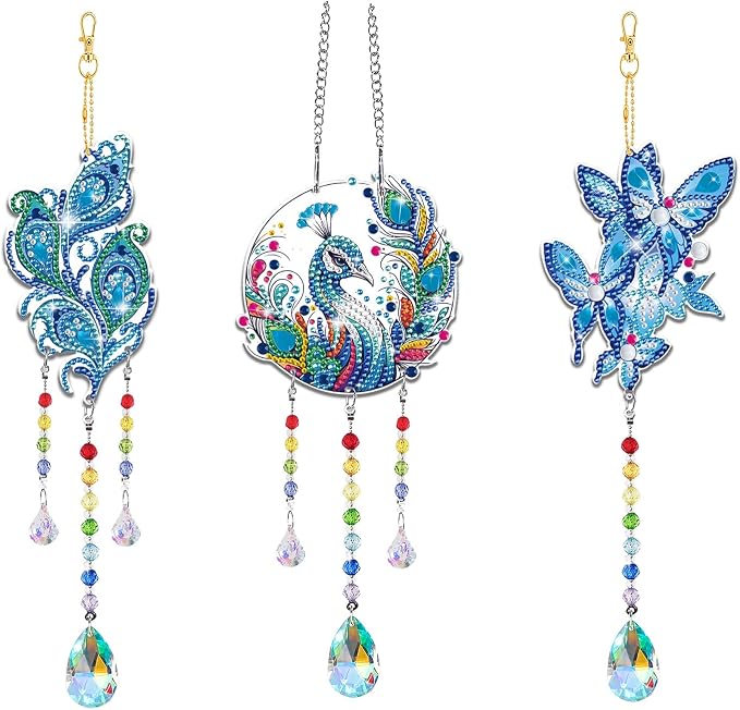 Arts and Crafts for Girls Ages 6-12, DIY Diamond Painting Kits for Kids Teens Adults, Birthday Gifts for 6 7 8 9 10 11 12 Year Old Girls, Peacock Butterfly Feather Wind Chimes for Home Garden Decor
