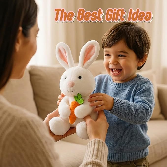 Bunny Plushie Holding Carrot Stuffed Animal Soft Toy Foodie Vegetable Theme Easter Basket Stuffers Gifts for Baby Boy Kids Children Nursery Room Decor Holiday Spring Surprise 10.6 Inch 5.1 oz
