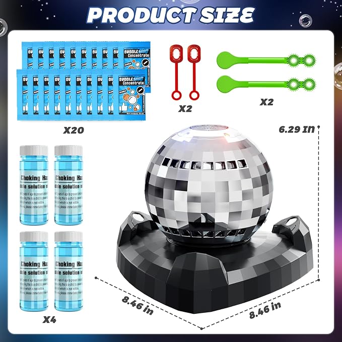 Bubble Machine, Automatic Bubble Blower Maker with 360° Rotating Turntable and LED Lights, Disco Ball Bubble Machine Summer Kids Toys for Weddings Birthdays Party Indoor Outdoor Backyard Camping
