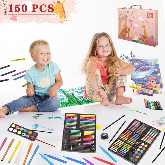 KINSPORY 150PC Art Set with Sketch Book, Coloring Art Kit Drawing Art Supplies Case, Markers Crayon Colour Pencils for Budding Artists Kids Teens Boys (Pink)