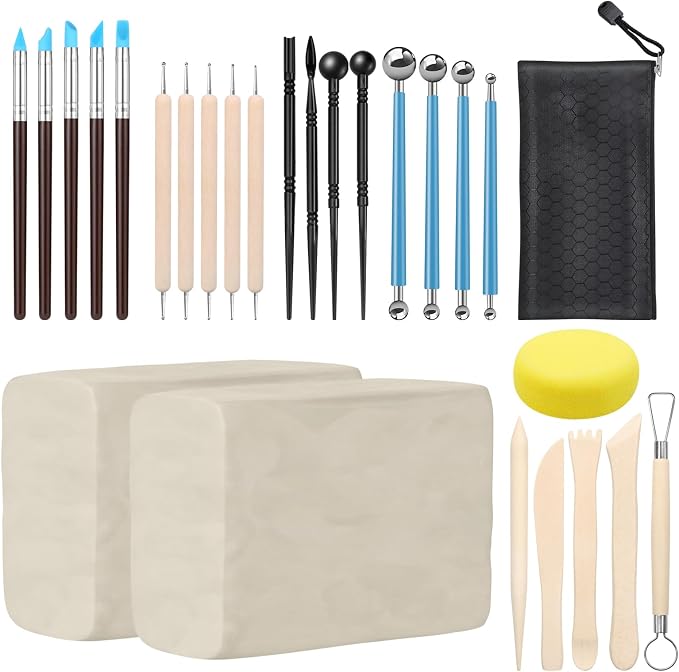 ZEHIQ Premium Air Dry Clay Kit, 2.2LBs Natural White Pottery Clay with 25 Pcs Clay Sculpting Tools, Modeling Clay for Pottery Wheel & Craft Projects, Ideal for All Skill Levels (White & Tools)