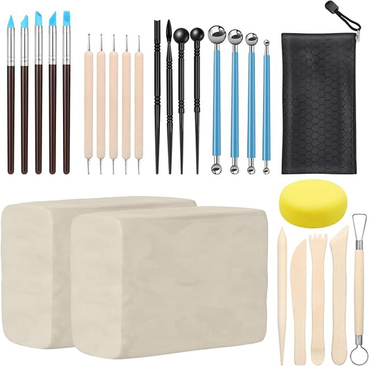 ZEHIQ Premium Air Dry Clay Kit, 2.2LBs Natural White Pottery Clay with 25 Pcs Clay Sculpting Tools, Modeling Clay for Pottery Wheel & Craft Projects, Ideal for All Skill Levels (White & Tools)
