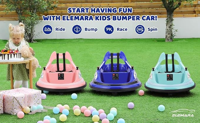 ELEMARA Bumper Car, 1.9MPH Max, 12V Electric Car for Kids W/Parent Remote, Bluetooth Ride on Toys, Ride on Car W/2-Speed, 2 Driving Mode, 360°Spin, Music,5 Lighting Mode, DIY Stickers, Blue