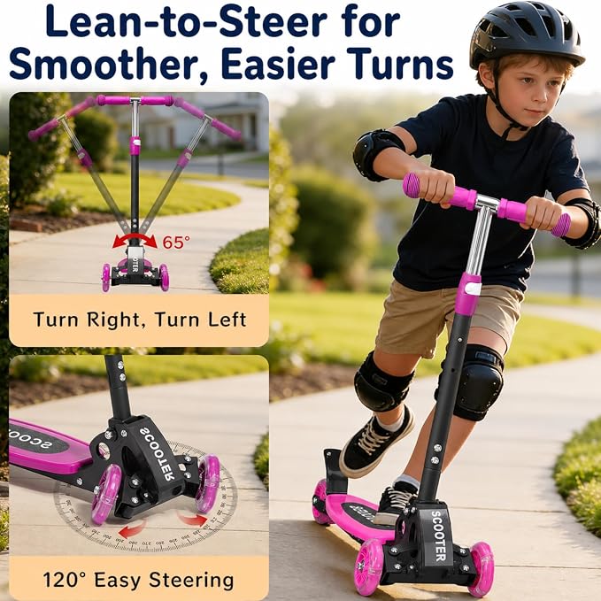 Kids Kick Scooter, Kick Scooter for Kids 2-7 Age, Light up 3 Wheels Kick Scooter, Heavy Duty Folding Lean-to-Steer Scooters with 3 Adjustable Handlebar for Boys Girls Blue