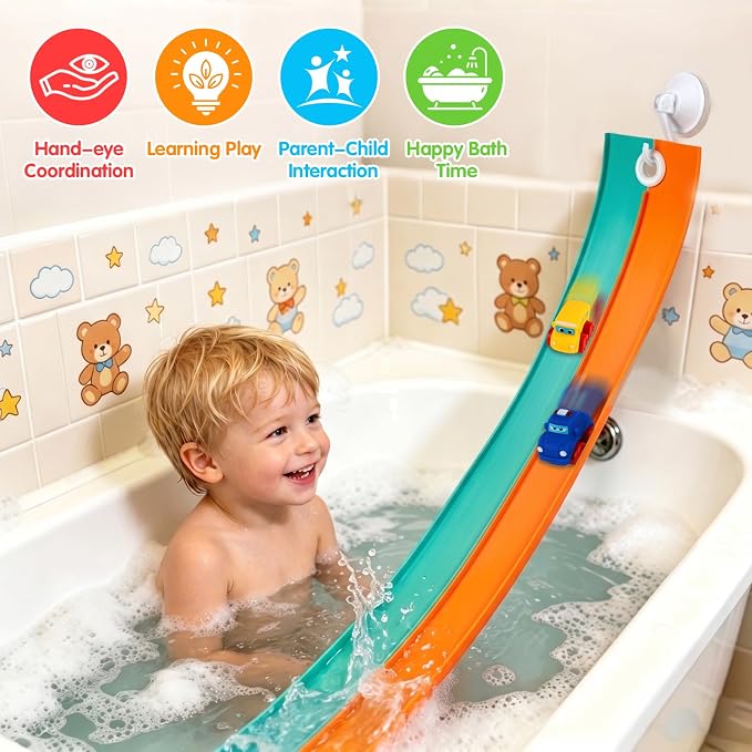 Race Car Bath Toy Set, 8-Piece Long Flexible Dual-Color Bathtub Track Set with 2 Mini Cars, Mesh Storage Bag, 4 Strong Suction Cups– DIY Bathtub Water Slide Toys for Kids
