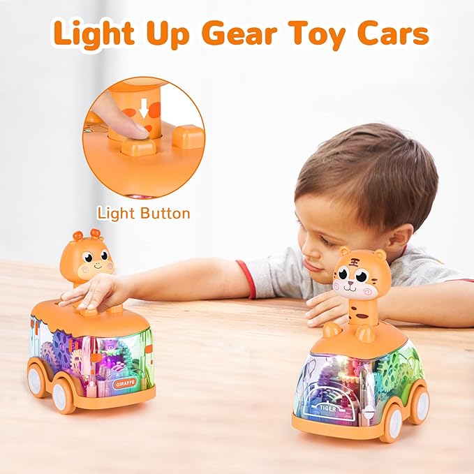 ShinySong Press and Go Car for Toddlers, 2 Pack Light Up Baby Animal Car Toys with Visible Gears, Birthday Gifts for Boys Girls, Giraffe & Tiger