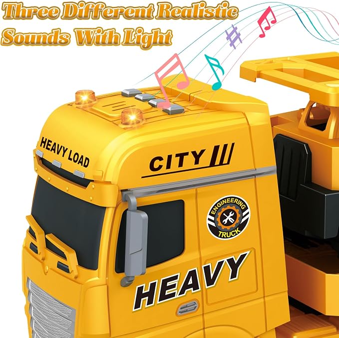 3-in-1 Construction Truck Toy for Ages 3-6 – 25.6 Inch Extra-Large Semi-Truck with Lights & Sounds, Detachable Excavator and Light & Sound Dump Truck, Inertia Vehicle Set