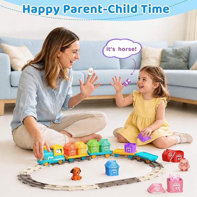 Train Set for Toddlers 2-4, Electric Toddler Train Set with Farm Animals, Music & Lights, Montessori Counting & Sorting Learning Toy, Birthday Easter for Boys Girls (Blue/Yellow)