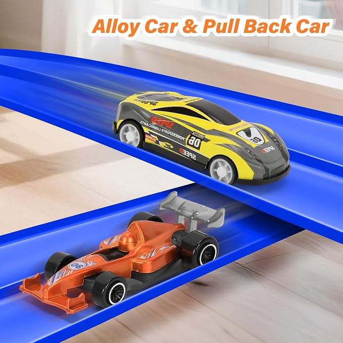 KETIEE Flex Tracks 16Ft for Kids: Flexible Race Car Ramp Track with 4 Small Racecars and 8 Suction Cups Compatible with Diecast 1/64th Cars, Rolls Up Portable Racetrack for Ages 3 & Up
