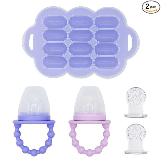 WeeSprout Baby Food Feeder Set - 2 Silicone Feeders & Reusable Freezer Tray with Lid - BPA-Free Fresh Fruit & Veggie Pacifier for Babies & Toddlers - Double as Teething Toys - Dishwasher Safe