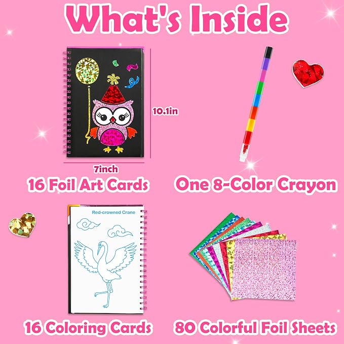 FUNNYB&G Foil Art Craft Kit for Girls 4-10 Years Old: Mess-Free & No-Glue, Create 16 Sparkly Birds Pictures – Perfect Travel Toy & Birthday Gift for Kids (Birds)