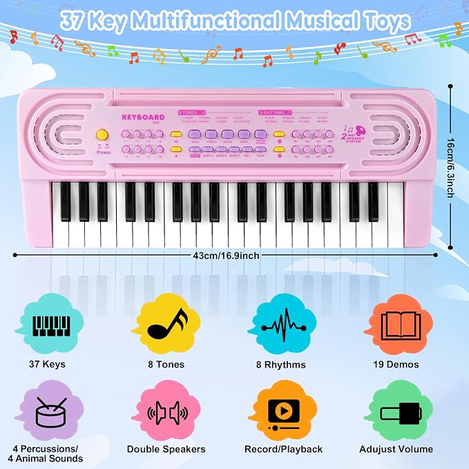 Toddler Kid Toy Piano Keyboard, 37 Keys Pianos Music Toys with Microphone