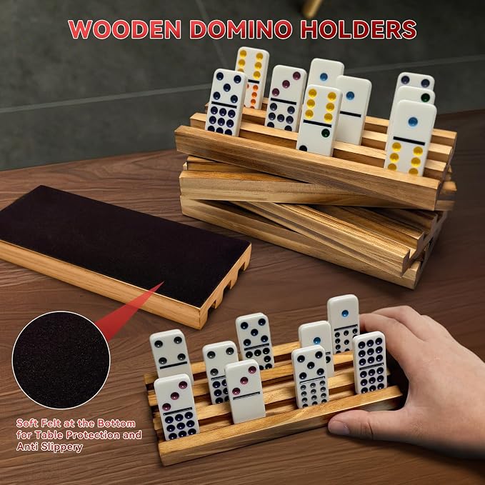 Mexican Train Dominoes Set with 8 Charcoal-burned Wooden Holders & Hub, Double 12 Dominos Set Colored Dot 91 Tiles in Vintage Wooden Case, Travel Dominos Set Metal Trains for Adults Family Game