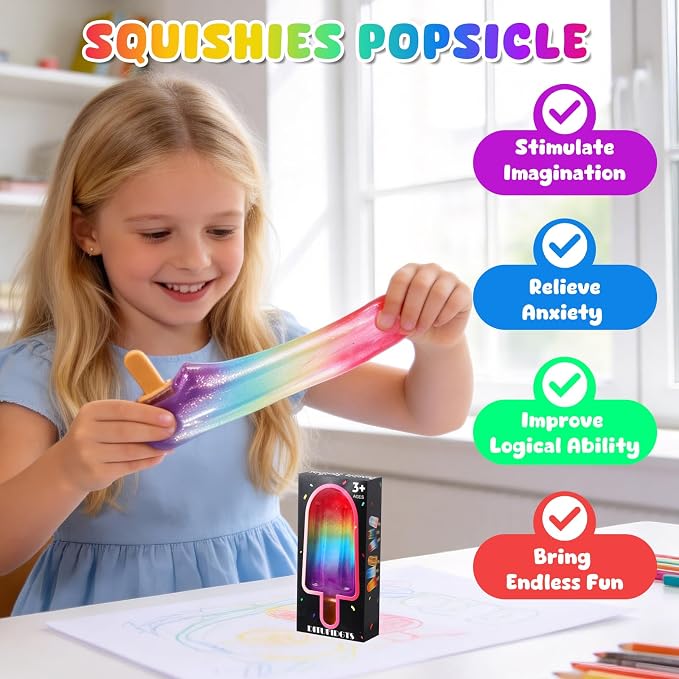 Popsicle Squishy Squeeze Toys , Malt Sugar Ice Cream Squishies Slow Rising Sensory Fidget Travel Toys for Adults, Kids, and Teens – Summer Classroom Prize (Colorful)
