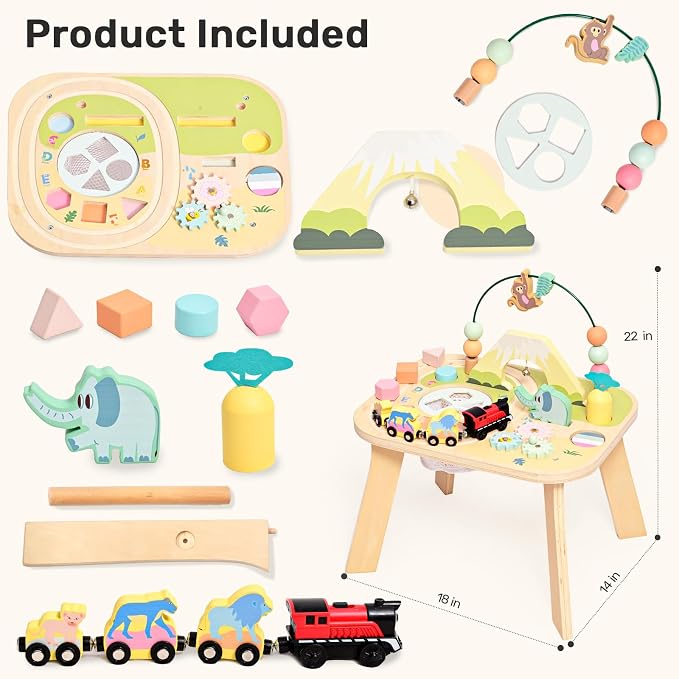 WINGYZ Activity Table for 1 Year Old Toddler, 9-in-1 Morandi-Colored Wooden Montessori Toys, Baby Play Table with Bead Maze Shape Sorter Train Toy, Educational Gifts for 12 Months+ Kids Boys Girls