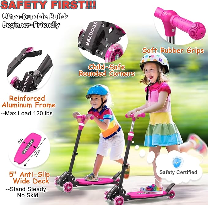 Kids Kick Scooter, Kick Scooter for Kids 2-7 Age, Light up 3 Wheels Kick Scooter, Heavy Duty Folding Lean-to-Steer Scooters with 3 Adjustable Handlebar for Boys Girls Blue