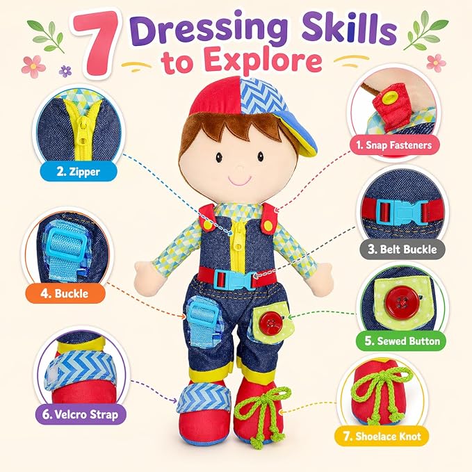 June Garden 15.5" Dressy Friends Lucas - Educational Stuffed Plush Doll for Kids and Toddlers 2 Years and Up - Montessori Buckle Soft Toy