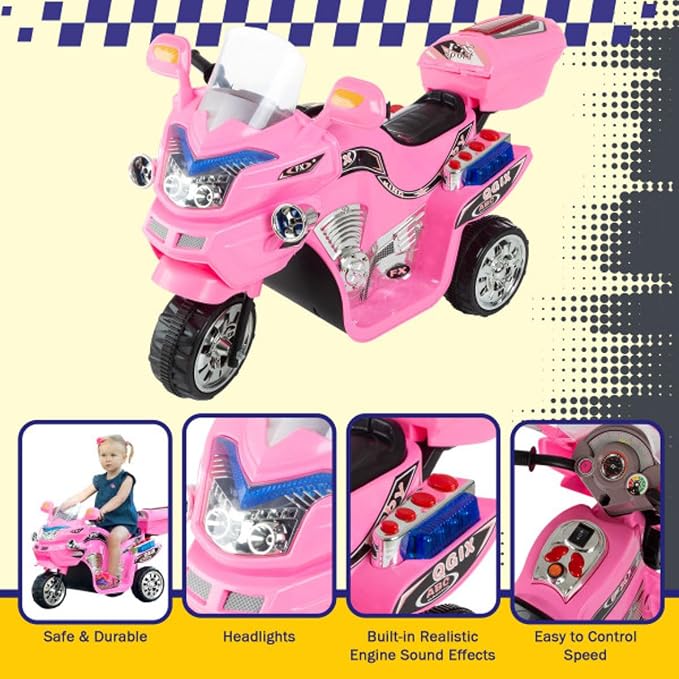 Kids Motorcycle - 3-Wheel Ride on Toy with Reverse, Sounds, and Headlights - 6V Electric Motorcycle for Kids Ages 3 to 6 by Lil' Rider (Pink)