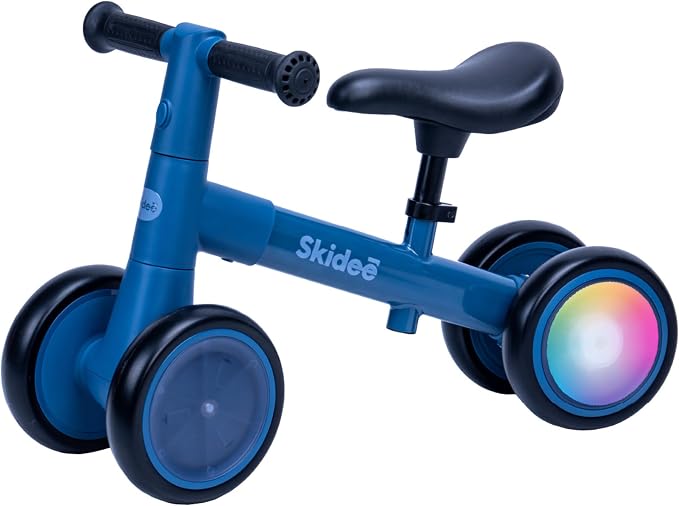 SKIDEE Toddler Balance Bike 1-3, 4-Wheel Balance Bike with Rare Light-Motion-Activated LED Wheels, Adjustable Height & Child Safe Steering, Lightweight Ride-On Toy Training Bike for Boys & Girls