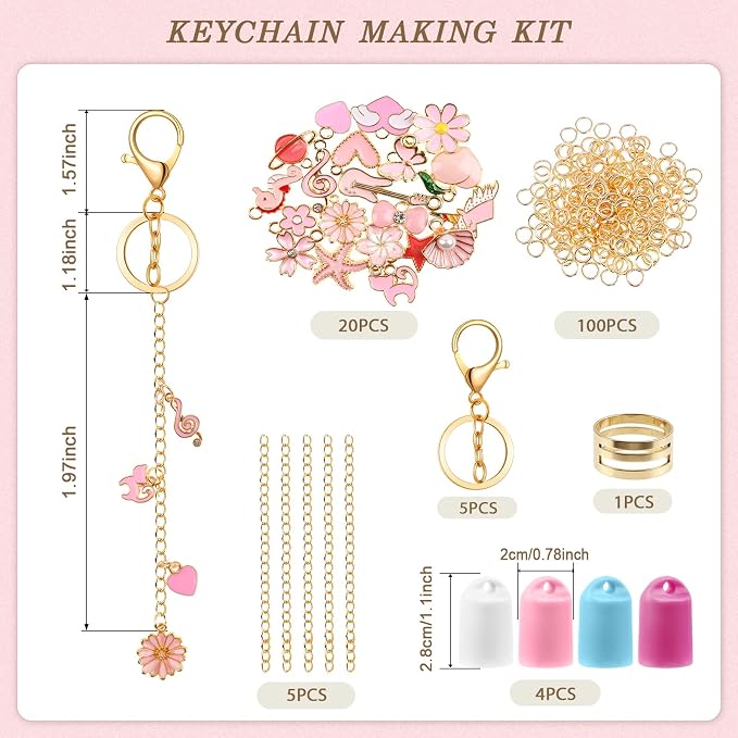 Pengxiaomei 135 Pcs DIY Keychain Making Kit for Women, 4 Pcs Lip Gloss Keychains Cap for Summer Fridays Personalized Mothers Day Gifts Bag Charm Kit with Pink Ornaments Jewelry Accessory