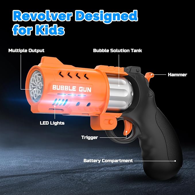 EagleStone 2 Pack Revolver Bubble Guns for Kids, Swing-Out Cylinder, 8000+ Bubbles/Min, LED Light Up, 4 Bubble Solution Bottles, Outdoor Indoor Toy, Birthday Easter Gifts for Toddlers
