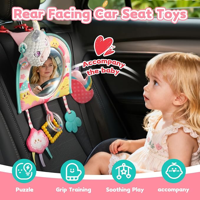 Koty Car Seat Toy - Kick and Play Activity Center with Mirror,Teether and Crinkle, Fun Travel Baby Toy for Rear Car Seat, Easier Drive with Newborns, Babies, Hanging Toys for Infants 0-6-12-18 Months