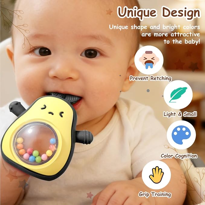 Baby Rattle Teething Toys Silicone Avocado Teething Mitten Sensory Toys for Grasping Chewing Sucking Hearing Needs-Baby Teether for Teething Relief-BPA Free Infant Toys Baby Shower Gifts (Black)