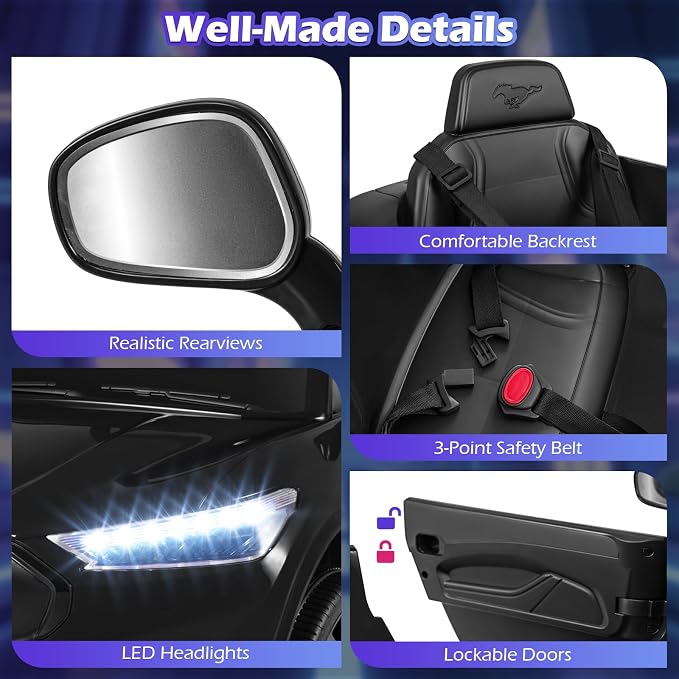 Costzon Ride on Car, 12V Licensed Ford Mach E Kids Electric Vehicle with Parent Remote, LED Lights, Horn, Music, Wireless Connection & Spring Suspension, Kids Car Toy for Girls Boys (Deep Black)