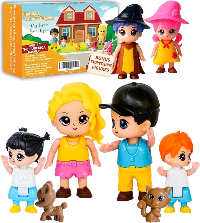 FUNERICA Dollhouse Family Figures & Pets – Poseable Family Dolls Set – Miniature Dollhouse People - Compatible Doll House Accessories for 1:12 & 1:24 Wooden & Plastic Dollhouses + Bonus Figures