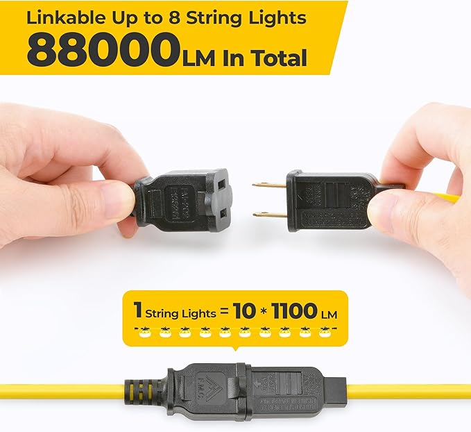 100FT Construction String Lights, 10-Light LED Work Light, 100W 11000LM, ETL Certified, 18/2 SJTW Cord, Linkable up to 8 Sets, IP65 Waterproof, for Jobsite, Attic, Garage
