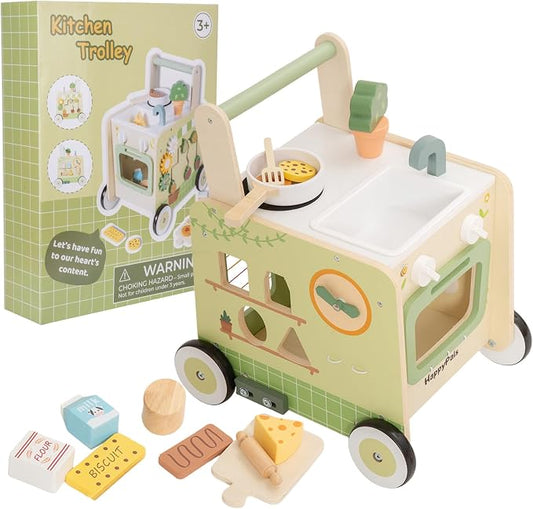 6-in-1 Wooden Baby Push Walker, Montessori Activity Center for Toddlers 1-3, Pretend Play Kitchen Stroller with Speed Control & Shape Sorter, Early Learning Development Gift for Boys Girls