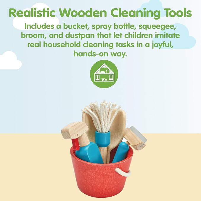 PlanToys® Cleaning Set | Montessori Wooden Housekeeping Play Set for Kids | Includes Broom, Mop, Dustpan, Bucket & Duster | Eco-Friendly Pretend Play Toy for Practical Life Skills & Responsibility