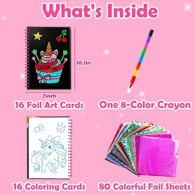 FUNNYB&G Foil Art Craft Kit for Girls 4-10 Years Old: Mess-Free & No-Glue, Create 16 Sparkly Unicorns Pictures – Perfect Travel Toy & Birthday Gift for Kids（Unicorns）
