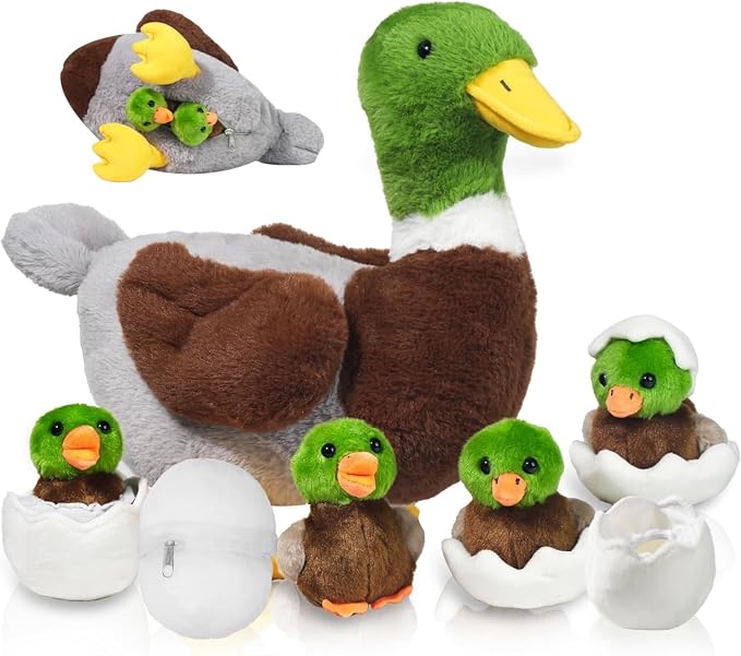 Youthfuljive 7 in 1 Mallard Duck Stuffed Animals Duck Plush Toys, 12" Zipper Mommy Stuffed Duck with 4 Baby Ducks Ducklings Eggs Green Duck Plushies Pillow for Kids Birthday Farm Party Decor