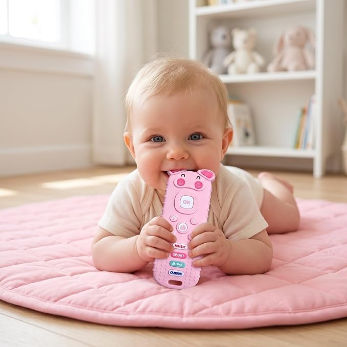 SOLIFEGOBLE Pig-Shaped Remote Teether for Babies 3-18M, Silicone TV Remote Teething Toy, BPA-Free Soft Chew Toy, Teething Relief for Infants Boys Girls (Pink)